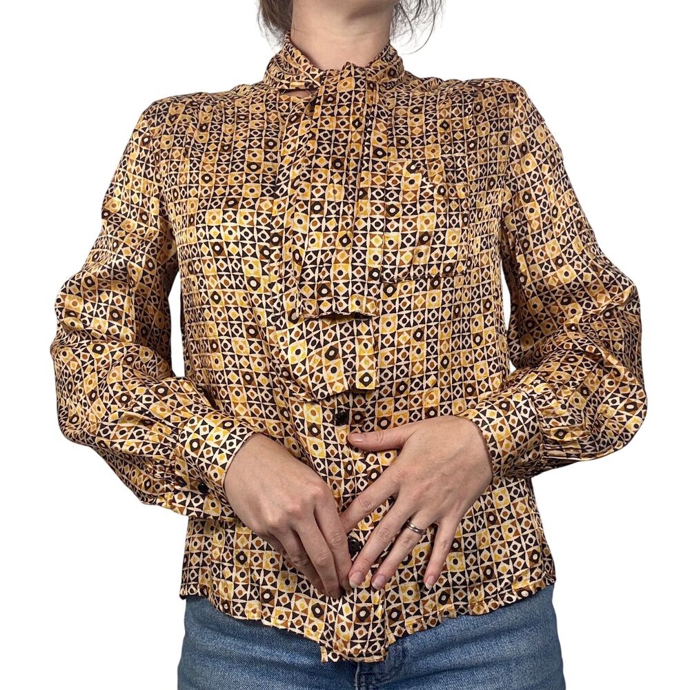 Vintage 1940s Silk Jersey Blouse Art Deco Novelty Print Neck Tie AS IS